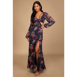 Lulus Navy Blue Floral Print Cutout Maxi Dress - Size L
